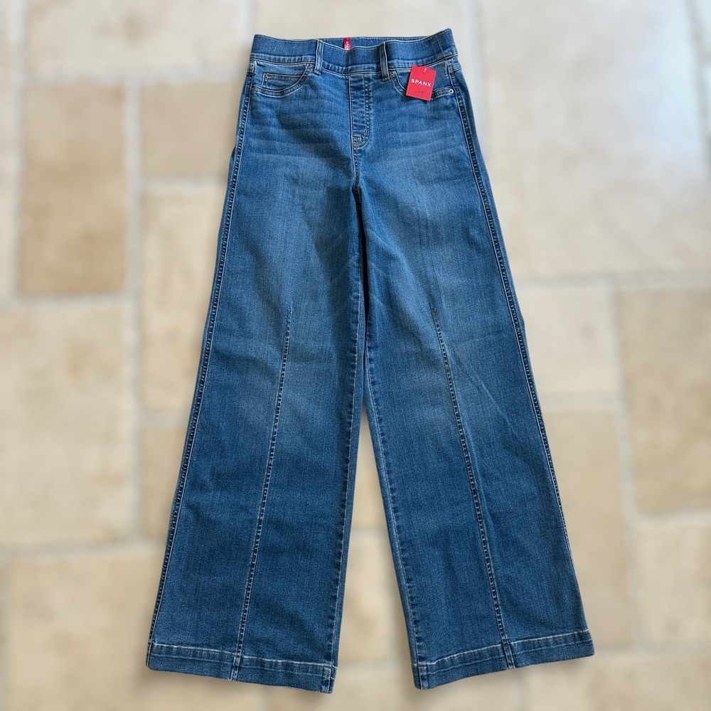 SPANX Seamed Front Wide Leg Jeans Vintage Indigo Shaping Denim M Regular NWT